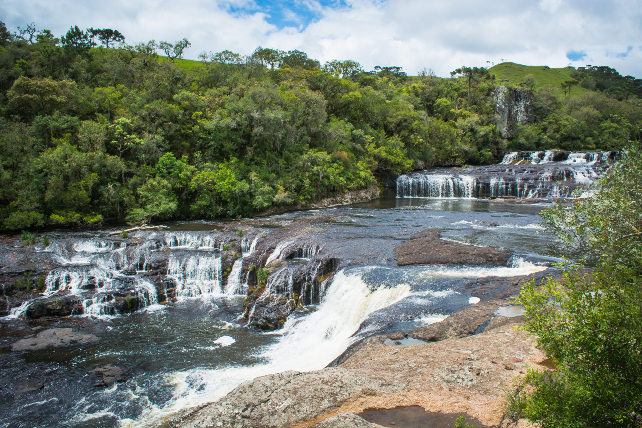águas cristalinas da cachoeira despencam em meio a uma exuberante vegetação